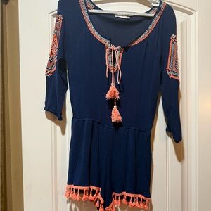 Navy and Coral Embroidered Women's Romper